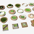 Various Tree Grate Designs Featuring Geometric Shapes Wooden Frames And Green Grass 3d model