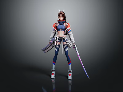 Female Game Movie Character Wearing Red Blue Combat Outfit With Sword And Mechanical Boots 3d model