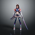 Female Game Movie Character Wearing Red Blue Combat Outfit With Sword And Mechanical Boots
