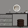 Modern Dressing Table With Marble Texture Drawers Round Mirror And Brown Stool 3d model