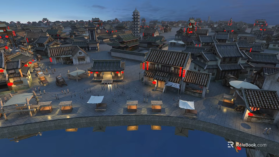 Ancient Architecture At Dusk With Traditional Roofs Red Lanterns River Bridge And Pagoda 3d model 