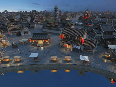 Ancient Architecture At Dusk With Traditional Roofs Red Lanterns River Bridge And Pagoda 3d model