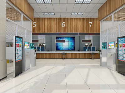 Modern Service Hall Interior Design With Numbered Service Windows Digital Screens And Self-service Kiosks 3d model