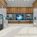 Modern Service Hall Interior Design With Numbered Service Windows Digital Screens And Self-service Kiosks