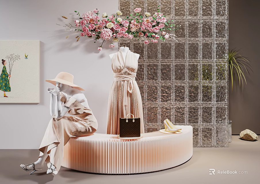 Elegant Beige Dress Fashion Style With Hat Handbag And Floral Glass Brick Wall Decor 3d model 