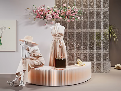Elegant Beige Dress Fashion Style With Hat Handbag And Floral Glass Brick Wall Decor 3d model
