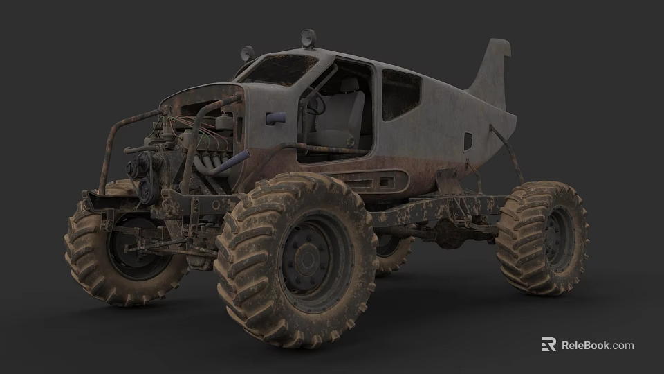 Rusty Off Road Vehicle With Large Tires And Mechanical Parts Post Apocalyptic Design 3d model 
