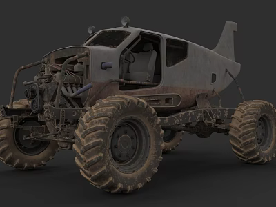 Rusty Off Road Vehicle With Large Tires And Mechanical Parts Post Apocalyptic Design 3d model