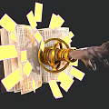 Fantasy Game Movie Character With Mechanical Claw Holding Golden Ring And Glowing Fragments Around Open Book