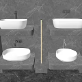 Two White Washbasins On Gray Marble Countertops With Recessed Lighting And Gray Marble Walls