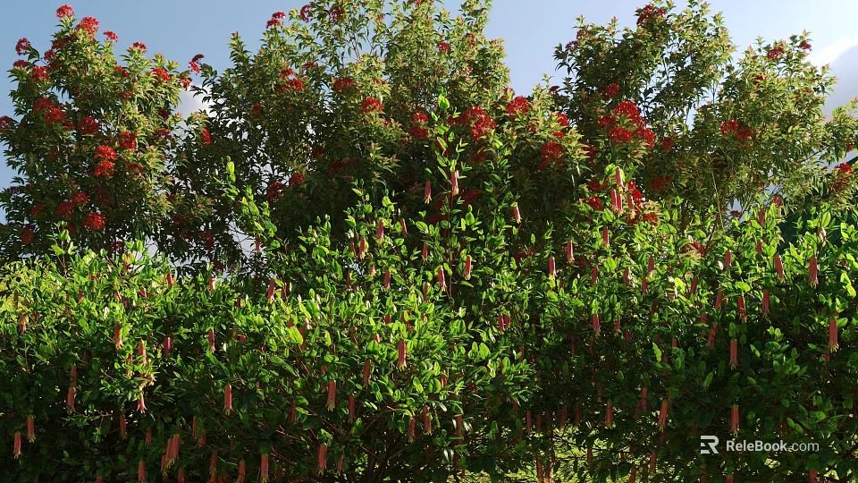 Lush Green Shrubs With Vibrant Red Flowers Under Bright Blue Sky 3d model 
