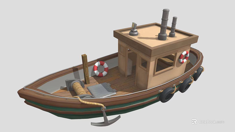 Classic Wooden Boat Featuring Deck Chimneys Lifebuoys Anchor And Coiled Rope 3d model 