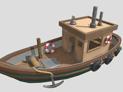 Classic Wooden Boat Featuring Deck Chimneys Lifebuoys Anchor And Coiled Rope 3d model