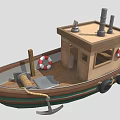 Classic Wooden Boat Featuring Deck Chimneys Lifebuoys Anchor And Coiled Rope