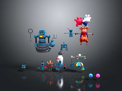 Cartoon Style Characters And Creatures Including Robots Deer Like Figure Small Bots And Umbrella Character 3d model