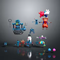 Cartoon Style Characters And Creatures Including Robots Deer Like Figure Small Bots And Umbrella Character