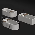 Modern White Bathtubs In Various Shapes With Wooden Trays Faucets And Toiletries