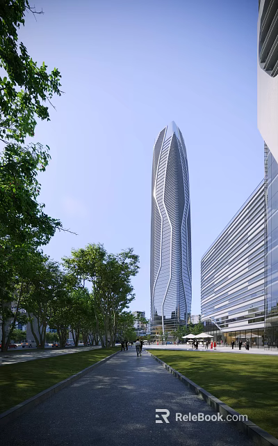 Modern Commercial Complex With Curved Skyscraper Design Glass Facade And Urban Greenery 3d model 