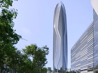 Modern Commercial Complex With Curved Skyscraper Design Glass Facade And Urban Greenery 3d model