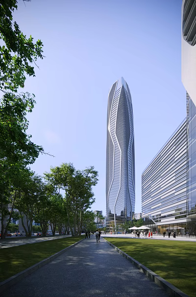 Modern Commercial Complex With Curved Skyscraper Design Glass Facade And Urban Greenery 3d model