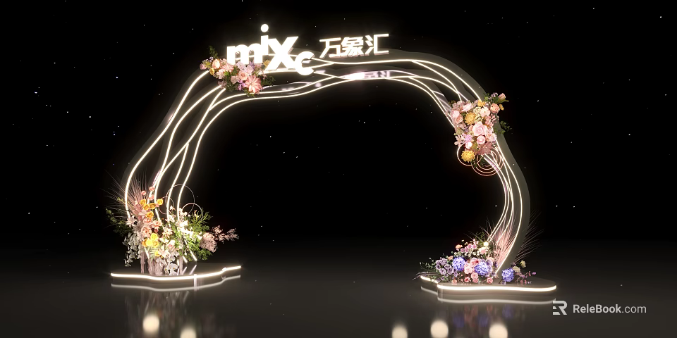 Mix Wanxianghui Event Archway with Curved Neon Lights and Colorful Floral Decor 3d model 