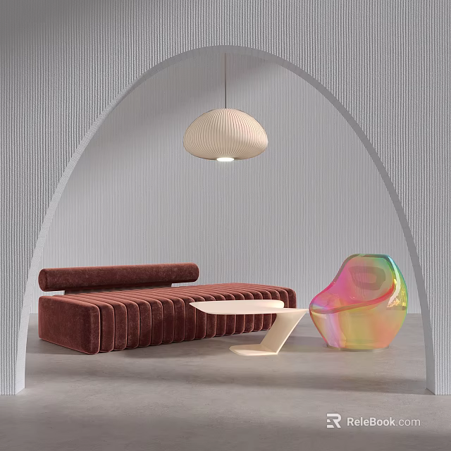 Stylish Sofa Coffee Table Set With Arched Structure Shell Pendant Light And Colorful Chair 3d model