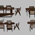 Modern Wooden Dining Table Set With Matching Chairs And Decorative Plants 3d model