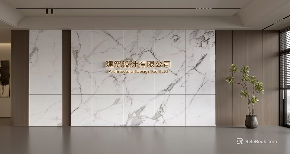 Modern Marble Background Wall Design in Contemporary Interior with Wooden Accents and Potted Plant 3d model 