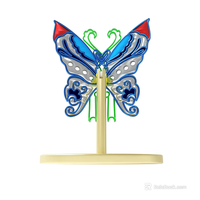 Colorful Decorative Butterfly Ornament With Perforated Blue Red Green Wings And Gold Base 3d model 