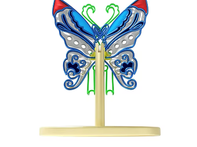 Colorful Decorative Butterfly Ornament With Perforated Blue Red Green Wings And Gold Base 3d model