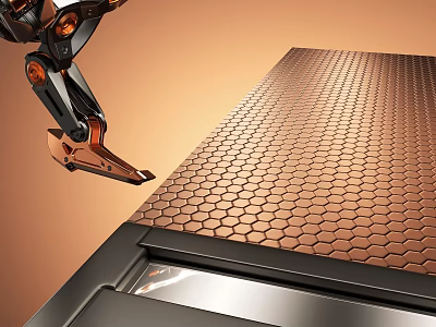 Robotic Arm Working On Hexagonal Textured Metal Surface Plate 3d model