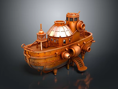 Vintage Steampunk Copper Colored Water Vehicle with Dome Pipes and Ladder Details 3d model