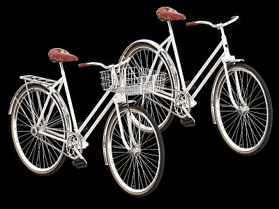 Two Classic White Bicycles With Brown Leather Seats And Front Wire Baskets 3d model