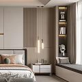 Modern Bedroom Interior with Bed Pillows Nightstands Area Rug Paneled Walls and Ceiling Lighting Design