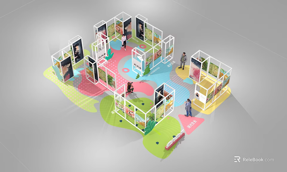 Creative Colorful Exhibition Booth Layout Design With Multiple Display Stands And Visitors 3d model 
