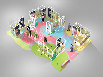 Creative Colorful Exhibition Booth Layout Design With Multiple Display Stands And Visitors 3d model