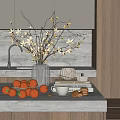 Stylish Decorative Ornament Combination With Vase Flower Branches Oranges Cup Cookies Books And Pumpkin Ornament