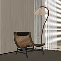 Woven Leisure Chair with Black Metal Frame by Light Wooden Wall and Floor Lamp