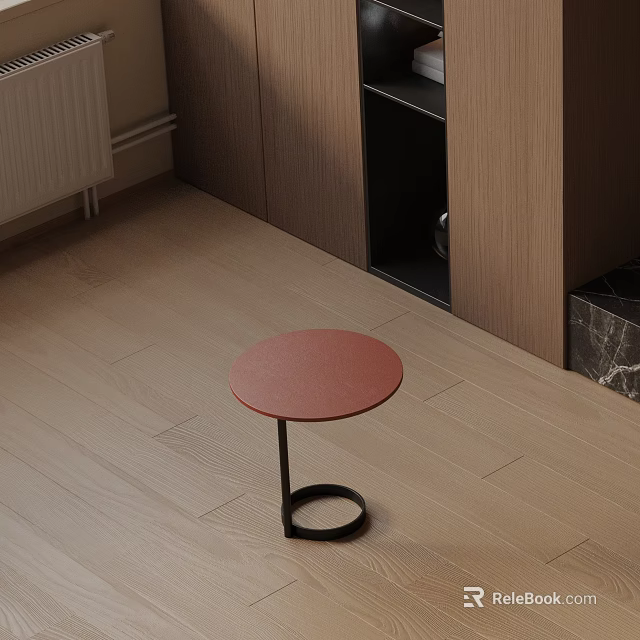 Modern Round Side Table with Red Tabletop and Black Metal Base on Wooden Floor 3d model 