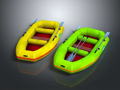 Yellow And Green Inflatable Boats With Paddles And Red Seats Design 3d model
