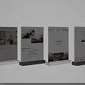 Four Standing Exhibition Panels With Images Text And Black Bases On White Background