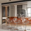 Modern Bar Area Interior Design With Transparent Acrylic Stools Orange Counter And Mirror Decor