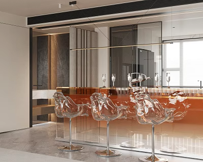 Modern Bar Area Interior Design With Transparent Acrylic Stools Orange Counter And Mirror Decor 3d model