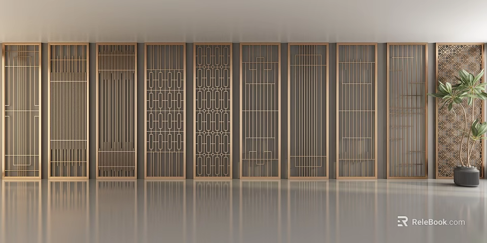 Modern Wooden Screens With Various Lattice Patterns Arranged In A Row 3d model