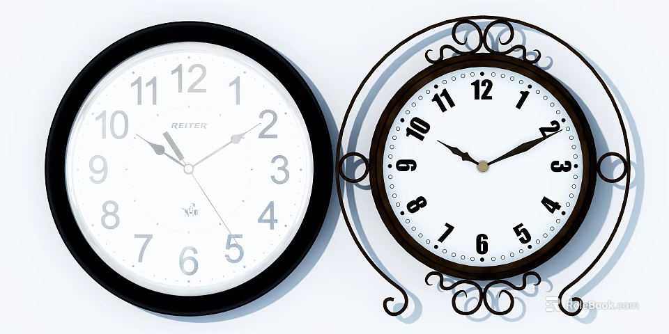 Two Wall Clocks With Simple Black Frame Decorative Metal Scrollwork And White Dial 3d model 