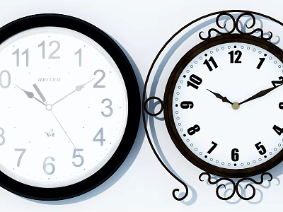 Two Wall Clocks With Simple Black Frame Decorative Metal Scrollwork And White Dial 3d model