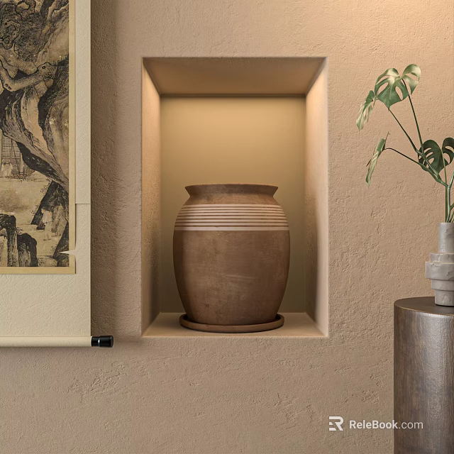 Terracotta Jar In Recessed Niche With Lighting Painting And Green Plant 3d model 