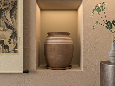 Terracotta Jar In Recessed Niche With Lighting Painting And Green Plant 3d model