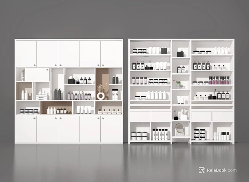 White Multi Tiered Display Shelves With Organized Product Bottles And Storage Jars 3d model 