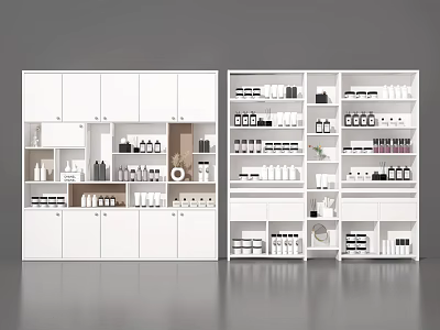 White Multi Tiered Display Shelves With Organized Product Bottles And Storage Jars 3d model